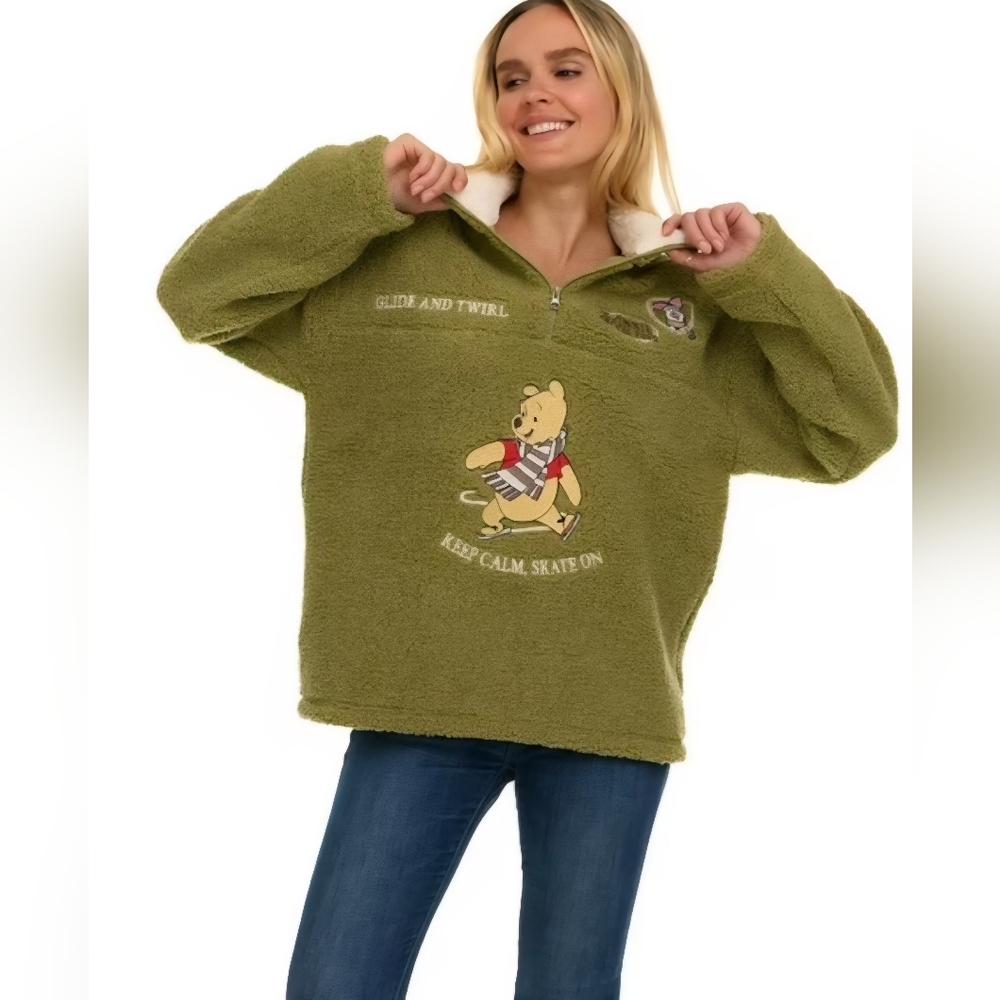 Disney Olive Green Teddy Fleece Pullover with Winnie the Pooh Embroidery
